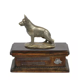 Berger allemand, Berger d'Alsace, Berger alsacien - urne pour cendres de chien, urne personnalisée avec une statuette, urne en bois avec un chien de la marque Art-Dog