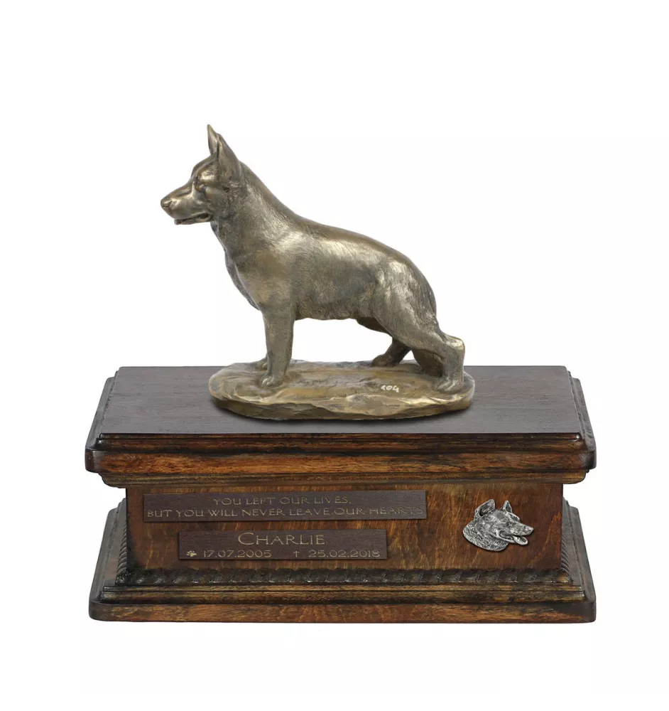 Berger allemand, Berger d'Alsace, Berger alsacien - urne pour cendres de chien, urne personnalisée avec une statuette, urne en bois avec un chien de la marque Art-Dog