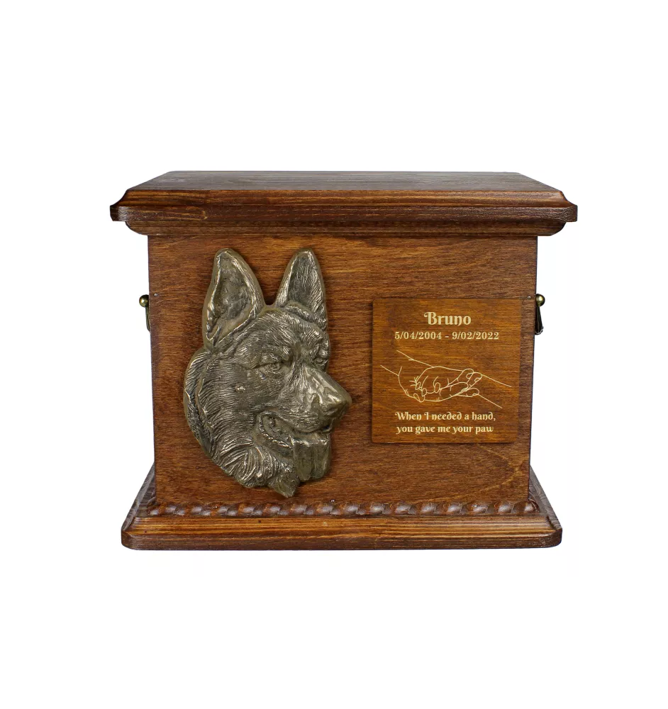Berger allemand, Berger d'Alsace, Berger alsacien II - urne pour les cendres de chien, urne personnalisée avec une gravure et un bas-relief, boîte commémorative pour les cendres de chien de la marque