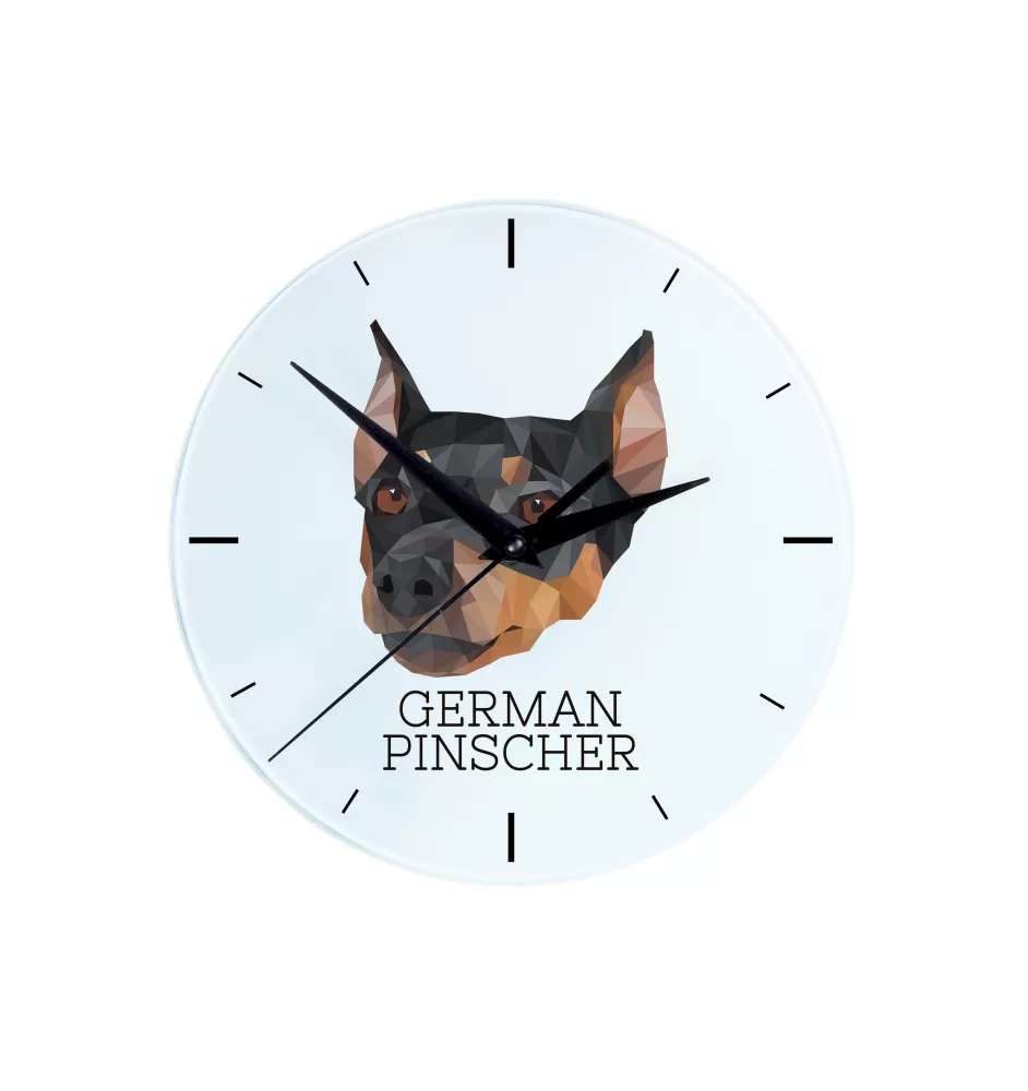 Deutscher Pinscher - geometrische Wanduhr mit Bild und Aufschrift der Marke Art-Dog