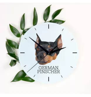 Deutscher Pinscher - geometrische Wanduhr mit Bild und Aufschrift der Marke Art-Dog