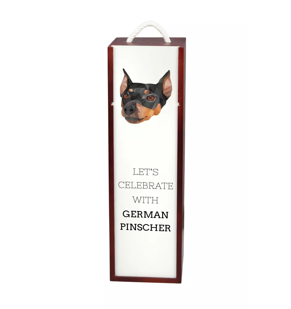 Deutscher Pinscher - geometrische Box mit einem Bild und Schriftzug für Wein der Marke Art-Dog