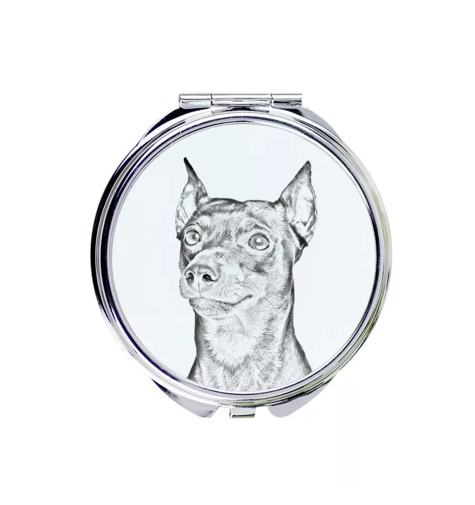 Deutscher Pinscher - Taschenspiegel mit Hund, personalisierter Taschenspiegel, kompakter Spiegel mit Art-Dog-Logo