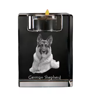 German Shepherd Dog, Alsatian Wolf Dog - Candle holder with dog photo, crystal tealight holder, personalised gift by Art-Dog brand
