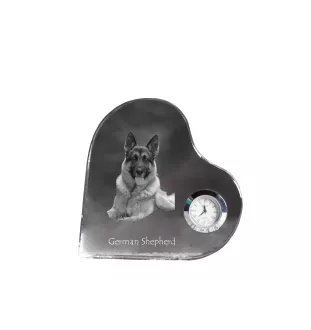 German Shepherd Dog, Alsatian Wolf Dog - crystal clock with a dog picture, heart-shaped shelf clock, personalized standing clock by Art-Dog brand