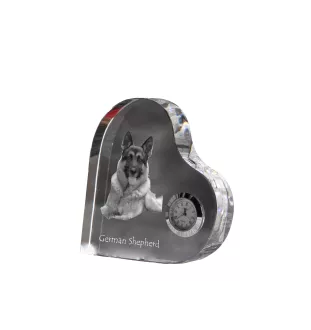 German Shepherd Dog, Alsatian Wolf Dog - crystal clock with a dog picture, heart-shaped shelf clock, personalized standing clock by Art-Dog brand
