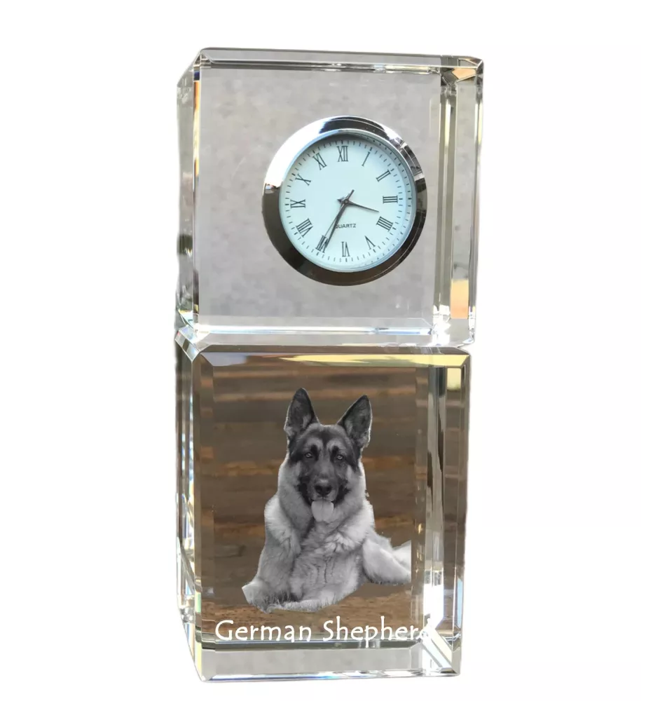 German Shepherd Dog, Alsatian Wolf Dog - crystal clock with a photo, a photo of a dog in crystal, personalized desk clock by Art-Dog brand
