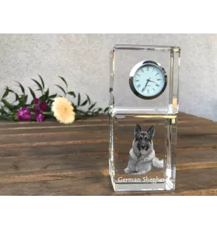 German Shepherd Dog, Alsatian Wolf Dog - crystal clock with a photo, a photo of a dog in crystal, personalized desk clock by Art-Dog brand