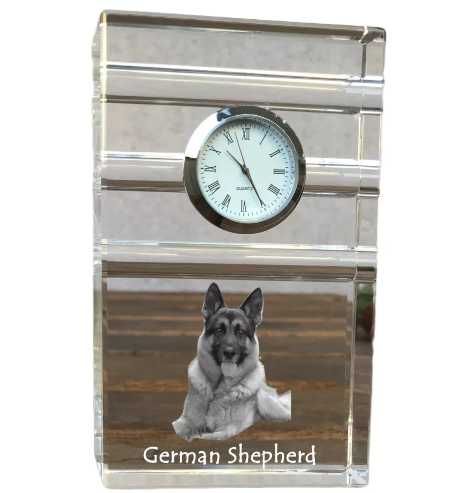 Berger allemand, Berger d'Alsace, Berger alsacien - une horloge en verre avec une photo, une photo de chien dans un cristal, une horloge de bureau personnalisée de la marque Art-Dog
