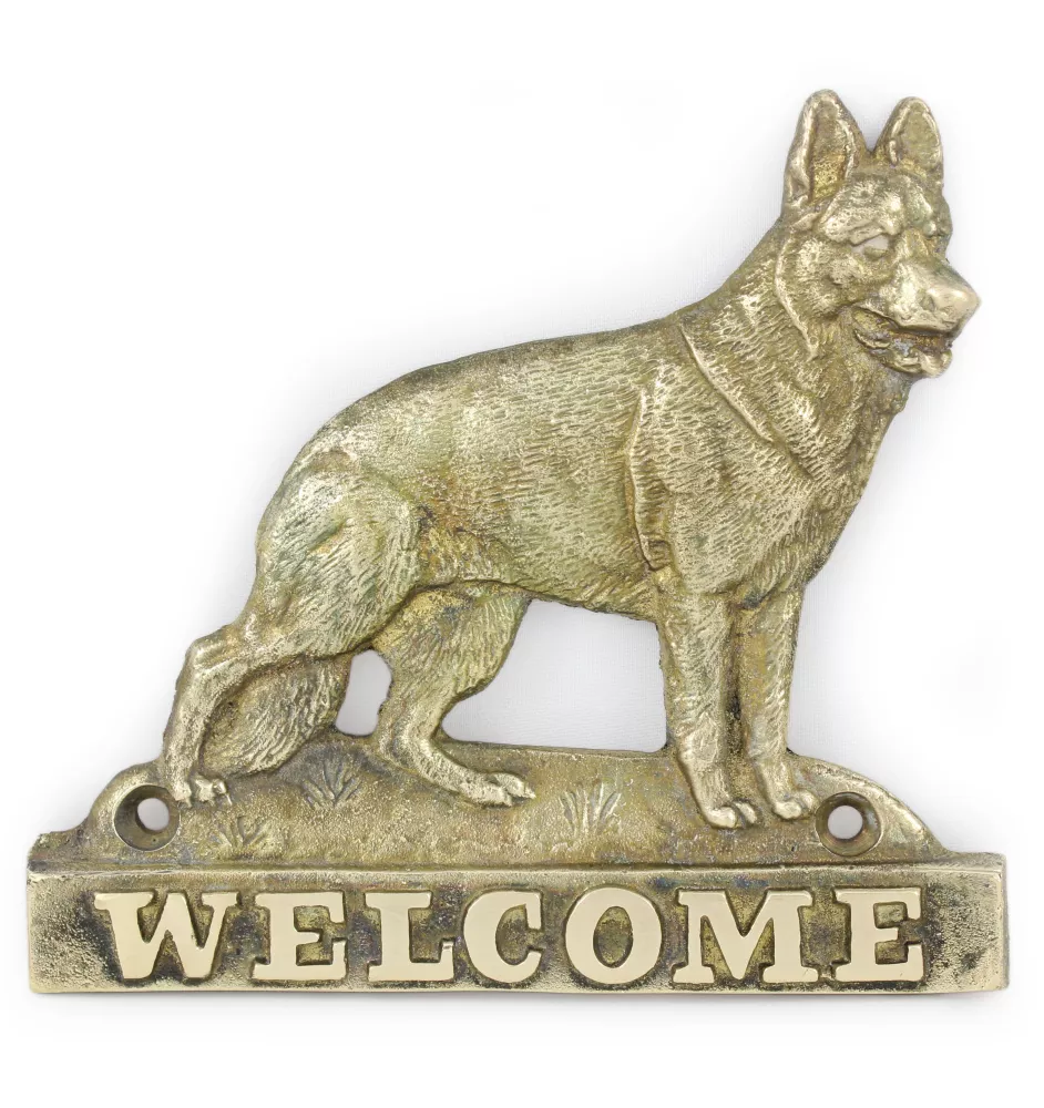Berger allemand, Berger d'Alsace, Berger alsacien - une plaque de porte avec un chien, une plaque de bienvenue en laiton, une enseigne exceptionnelle avec l'inscription Welcome de la marque Art-Dog