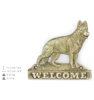 Berger allemand, Berger d'Alsace, Berger alsacien - une plaque de porte avec un chien, une plaque de bienvenue en laiton, une enseigne exceptionnelle avec l'inscription Welcome de la marque Art-Dog