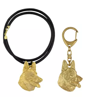 Berger allemand, Berger d'Alsace, Berger alsacien - porte-clés et collier avec chien dans une boîte, produit plaqué or de haute qualité, marque Art-Dog