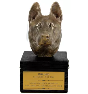 Berger allemand, Berger d'Alsace, Berger alsacien - une urne avec une gravure et une sculpture de chien, un dernier adieu, un produit fait à la main de la marque Art-Dog