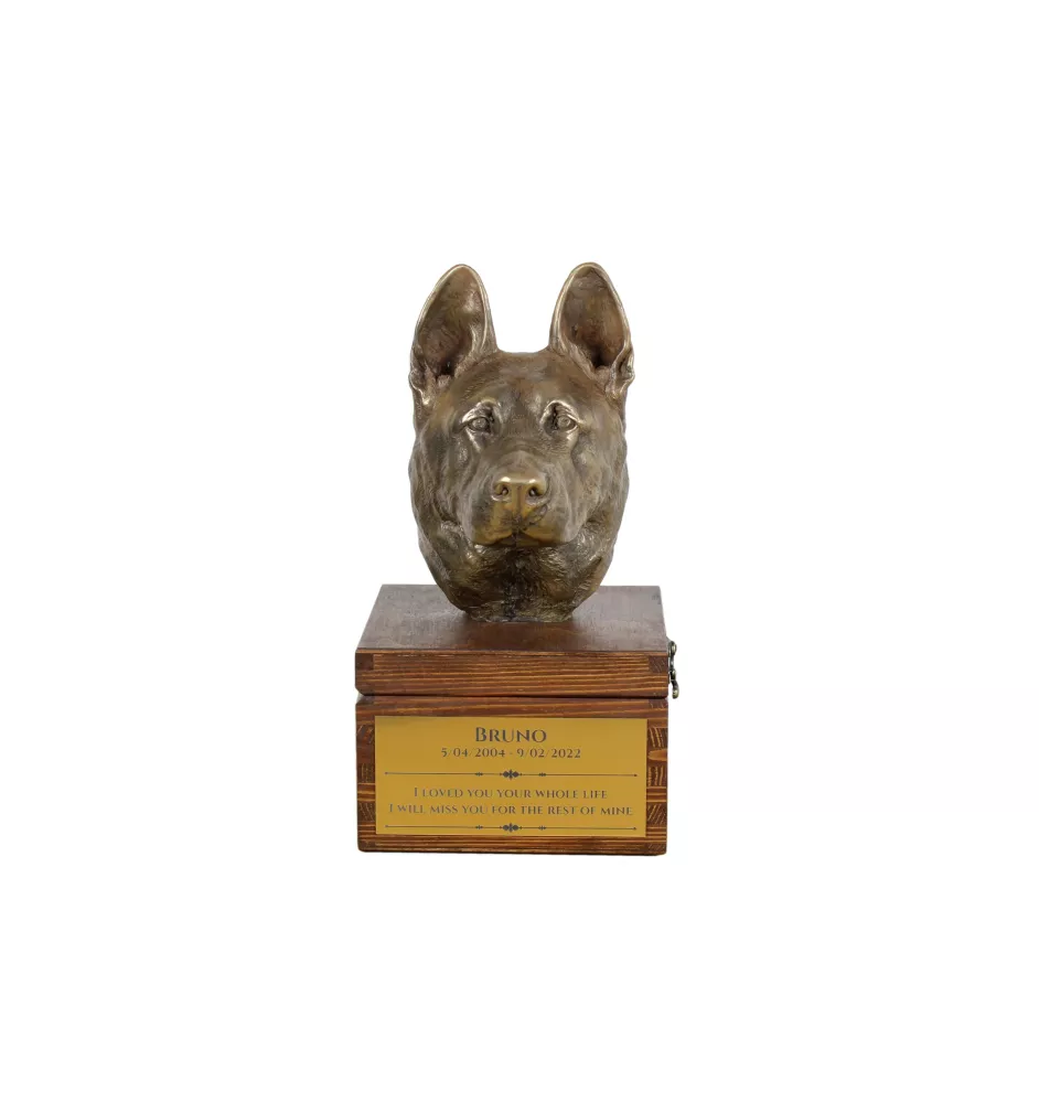 Berger allemand, Berger d'Alsace, Berger alsacien - urne pour les cendres du chien avec une statuette, petite urne pour chien, urne personnalisée avec le buste du chien de la marque Art-Dog