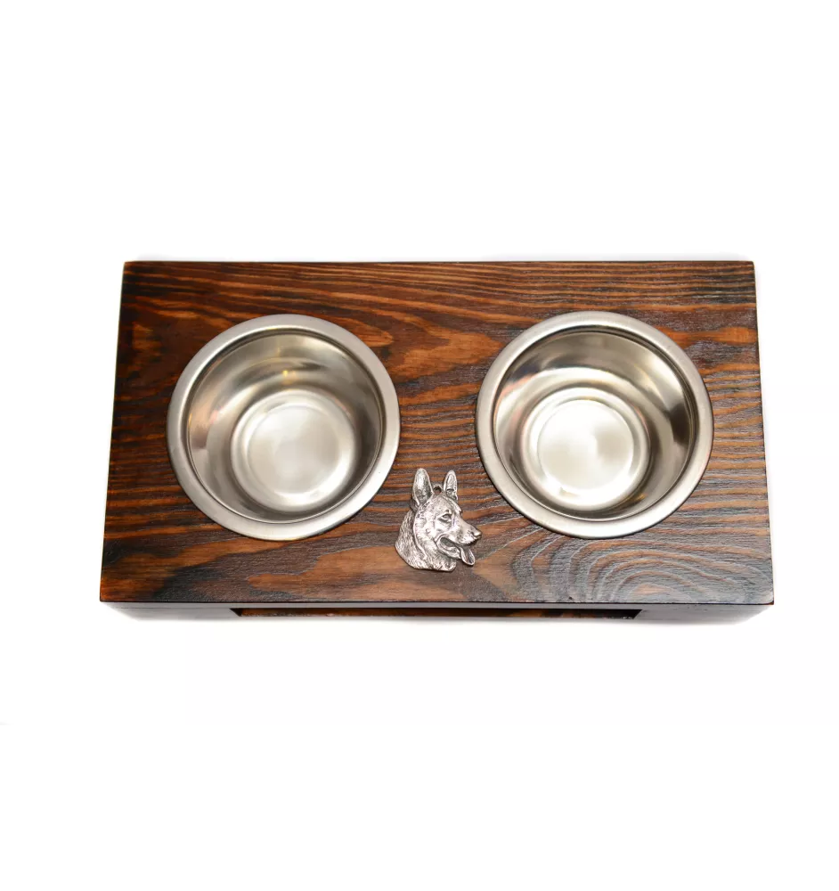 German Shepherd Dog, Alsatian Wolf Dog - wooden stand with bowls for a dog, steel dog bowls, a gift for adopting a dog from the Art-Dog brand