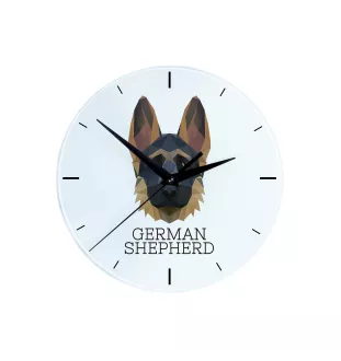 Deutscher Schäferhund I - geometrische Wanduhr mit Bild und Aufschrift der Marke Art-Dog