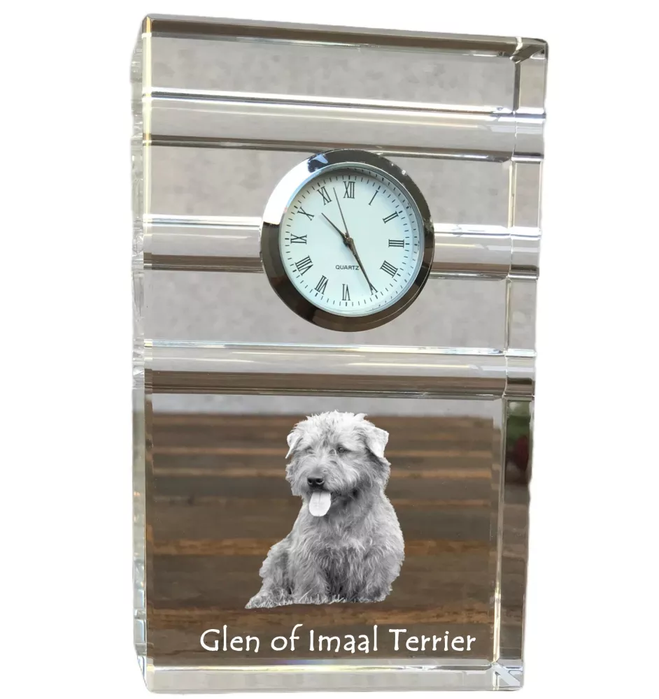 Glen of Imaal Terrier, Irischer Glen of Imaal Terrier - Glasuhr mit Foto, Foto eines Hundes im Kristall, personalisierte Tischuhr für das Büro der Marke Art-Dog