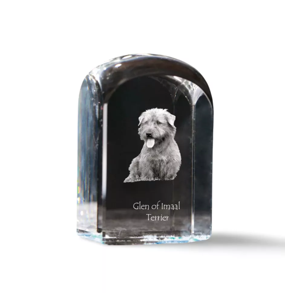 Terrier Irlandais Glen Of Imaal, Glen of Imaal Terrier - un cube de cristal avec une photo, une photo de chien dans le cristal, un presse-papiers cubique de la marque Art-Dog
