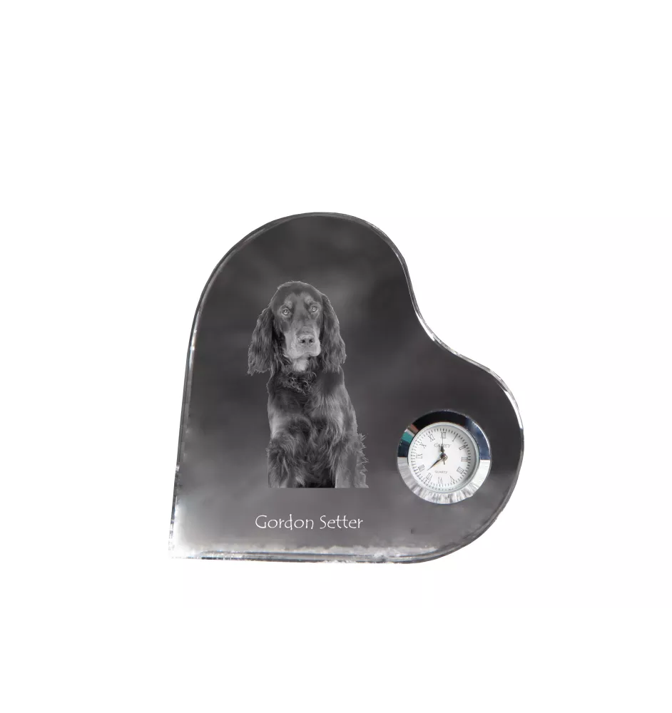 Gordon Setter, Schottischer Setter - Kristalluhr mit einem Hundebild, Herzregal-Uhr, personalisierte Standuhr der Marke Art-Dog