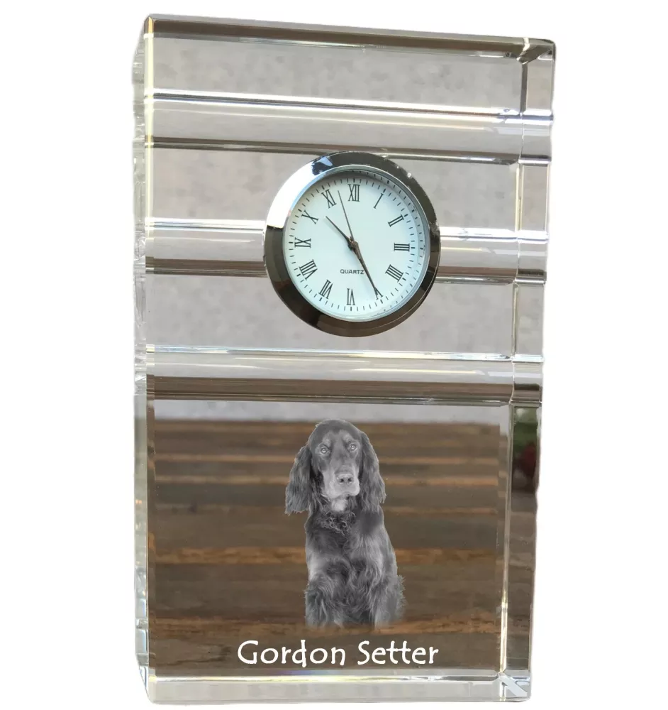 Gordon Setter, Schottischer Setter - Glasuhr mit Foto, Foto eines Hundes im Kristall, personalisierte Tischuhr für das Büro der Marke Art-Dog