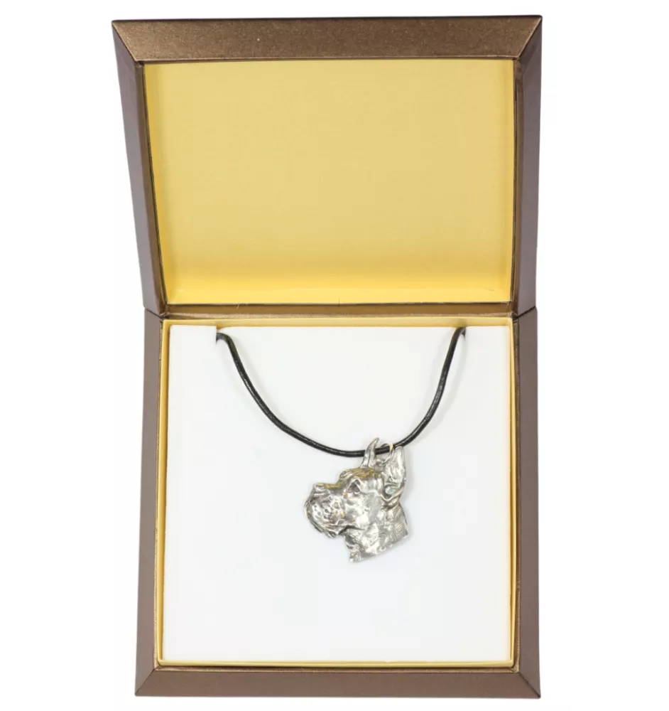 Deutsche Dogge, Ulmer Dogge, Große Dogge I - Hundehalsband in Geschenkbox, versilbertes Medaillon für Hundefans, markanter Anhänger der Marke Art-Dog