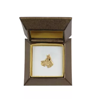 Deutsche Dogge, Ulmer Dogge, Große Dogge I - Hundebrosche in dekorativer Box, elegante vergoldete Anstecknadel, Jackenbrosche der Marke Art-Dog