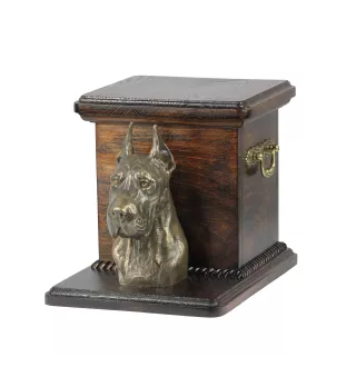 Deutsche Dogge, Ulmer Dogge, Große Dogge I - Eine Urne für die Asche eines Hundes mit einer Statuette, eine elegante Urne für einen Hund, eine außergewöhnliche Urne mit dem Porträt eines Hundes von de