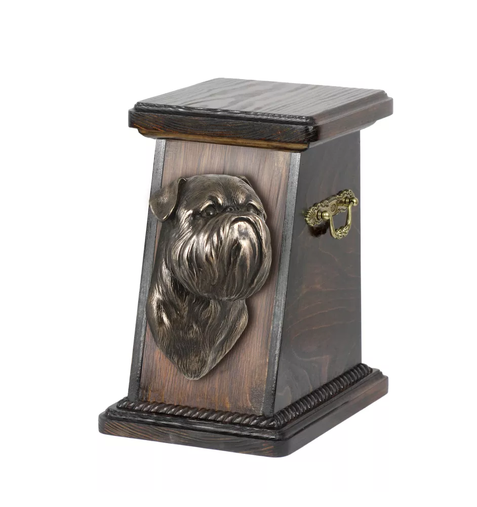 Brüsseler Griffon, Griffon Bruxellois eine Ascheurne für Hunde, eine elegante Urne mit einer Statue, eine Gedenkurne mit dem Porträt eines Hundes von der Marke Art-Dog