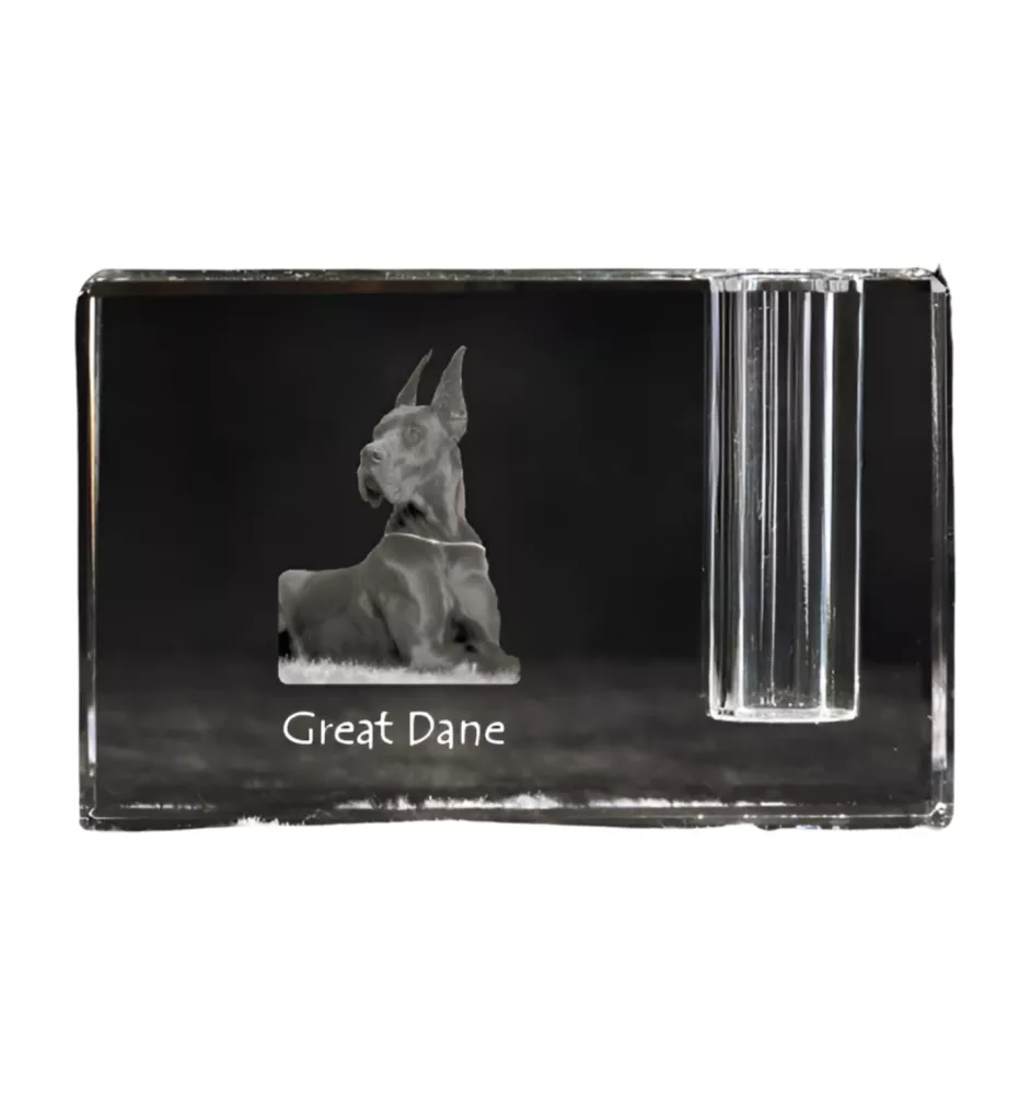 Deutsche Dogge, Ulmer Dogge, Große Dogge I - Stifthalter, Kristallorganizer mit Hundefoto, einzigartige Schreibtischdekoration der Marke Art-Dog