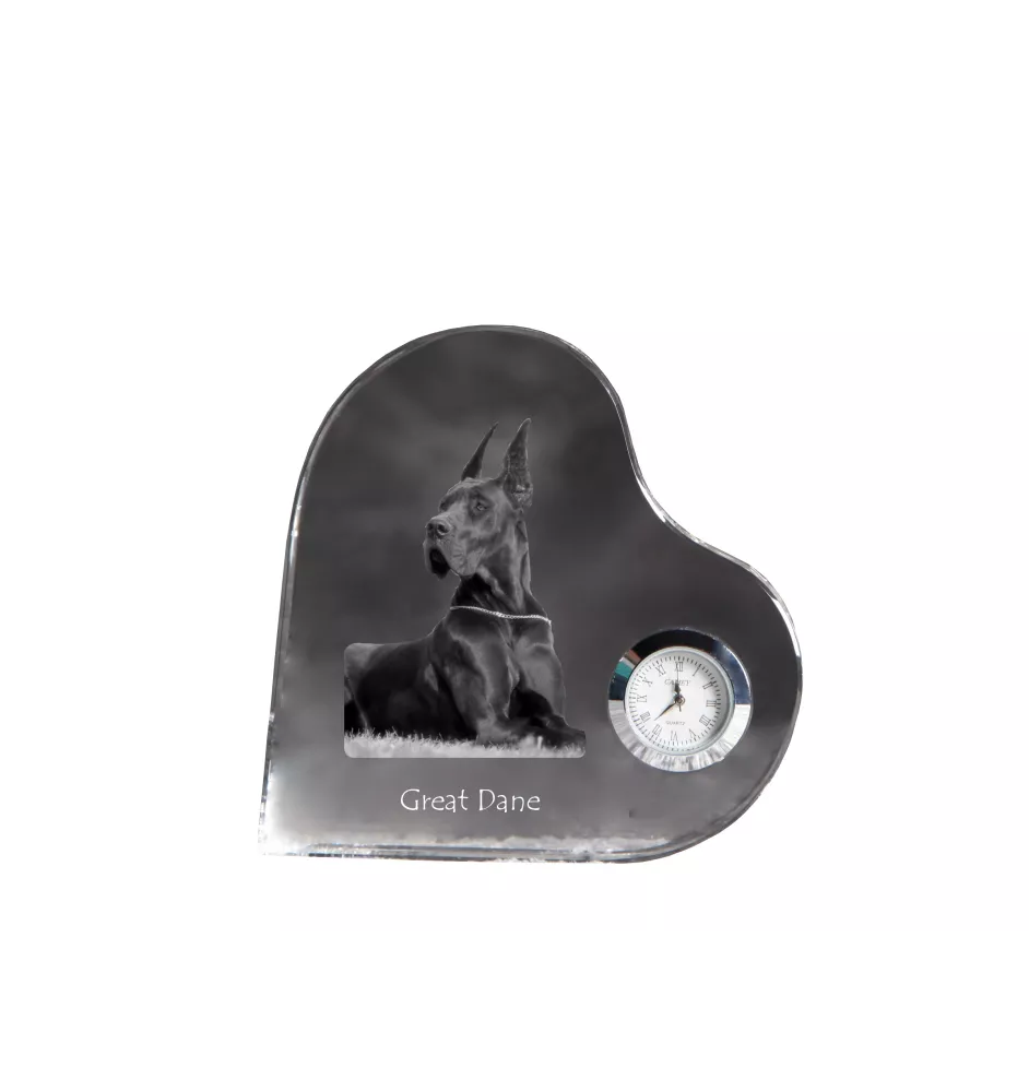 Great Dane I - crystal clock with a dog picture, heart-shaped shelf clock, personalized standing clock by Art-Dog brand