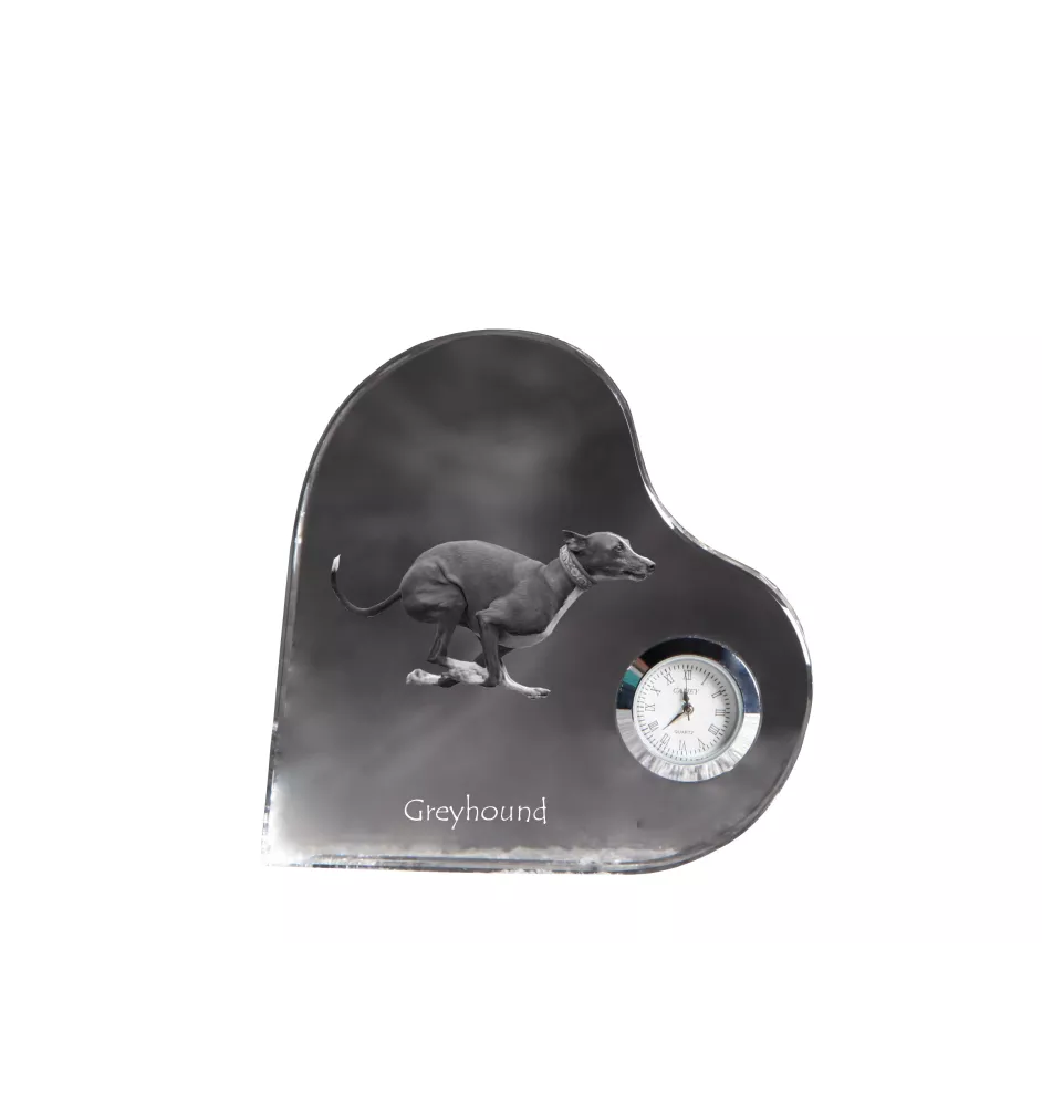 Greyhound, Grosser Englischer Windhund - Kristalluhr mit einem Hundebild, Herzregal-Uhr, personalisierte Standuhr der Marke Art-Dog