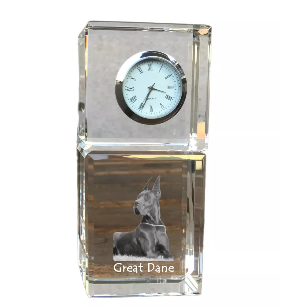 Dogue allemand, Grand danois I - montre en cristal avec photo, photo de chien dans un cristal, horloge de bureau personnalisée de la marque Art-Dog