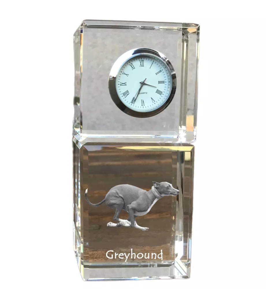 Lévrier anglais, Greyhound - montre en cristal avec photo, photo de chien dans un cristal, horloge de bureau personnalisée de la marque Art-Dog