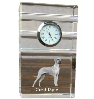 Deutsche Dogge, Ulmer Dogge, Große Dogge - Glasuhr mit Foto, Foto eines Hundes im Kristall, personalisierte Tischuhr für das Büro der Marke Art-Dog