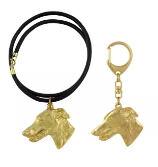 Lévrier anglais, Greyhound - porte-clés et collier avec chien dans une boîte, produit plaqué or de haute qualité, marque Art-Dog