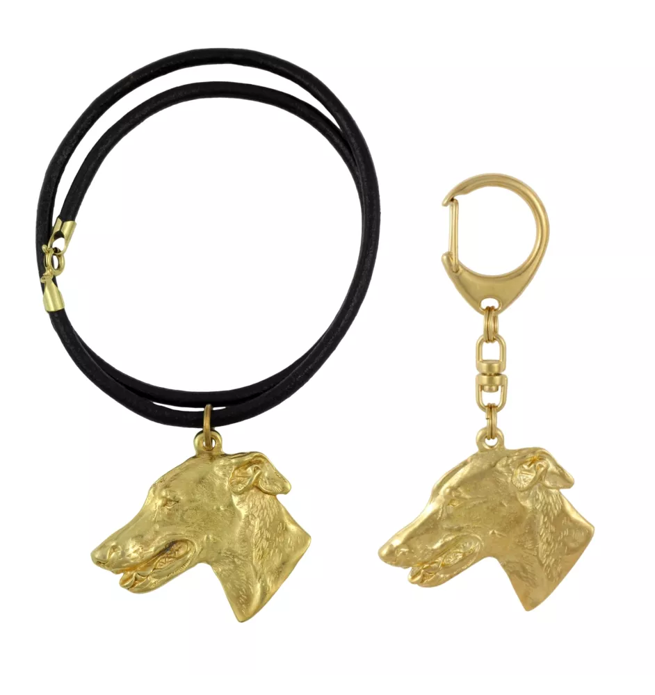 Greyhound, English Greyhound - keychain and necklace with a dog in a box, high-quality gold-plated product, Art-Dog brand