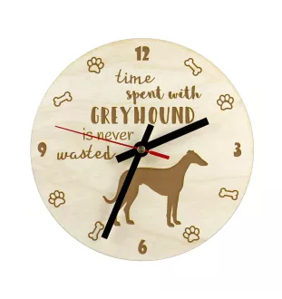 Lévrier anglais, Greyhound - horloge avec chien, horloge en bois, horloge murale pour les amoureux des chiens, horloge de bureau et étagère, Art-Dog