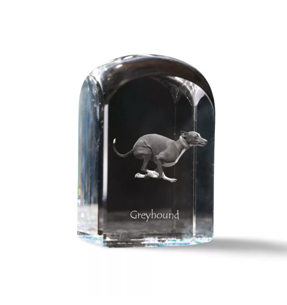 Greyhound, English Greyhound - crystal cube with a photo, photo of a dog in crystal, cubic paperweight from Art-Dog brand