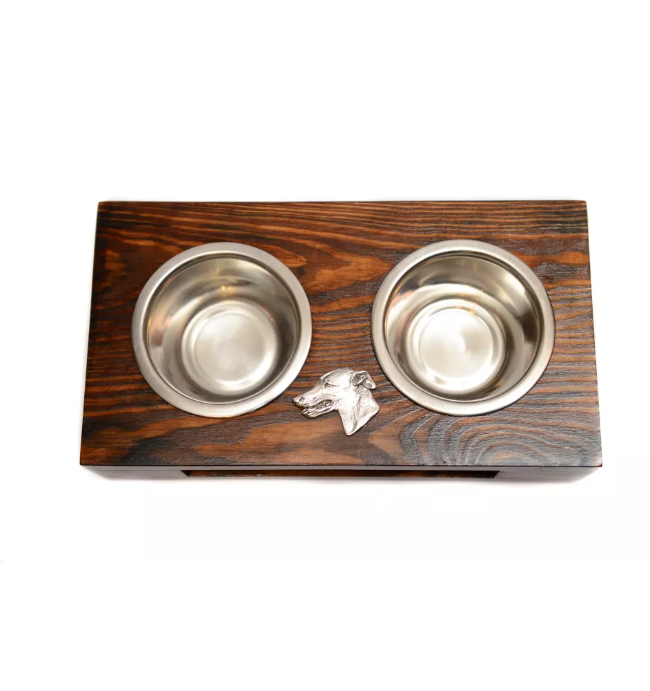 Greyhound, English Greyhound - wooden stand with bowls for a dog, steel dog bowls, a gift for adopting a dog from the Art-Dog brand