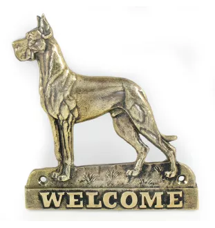 Dogue allemand, Grand danois I - une plaque de porte avec un chien, une plaque de bienvenue en laiton, une enseigne exceptionnelle avec l'inscription Welcome de la marque Art-Dog