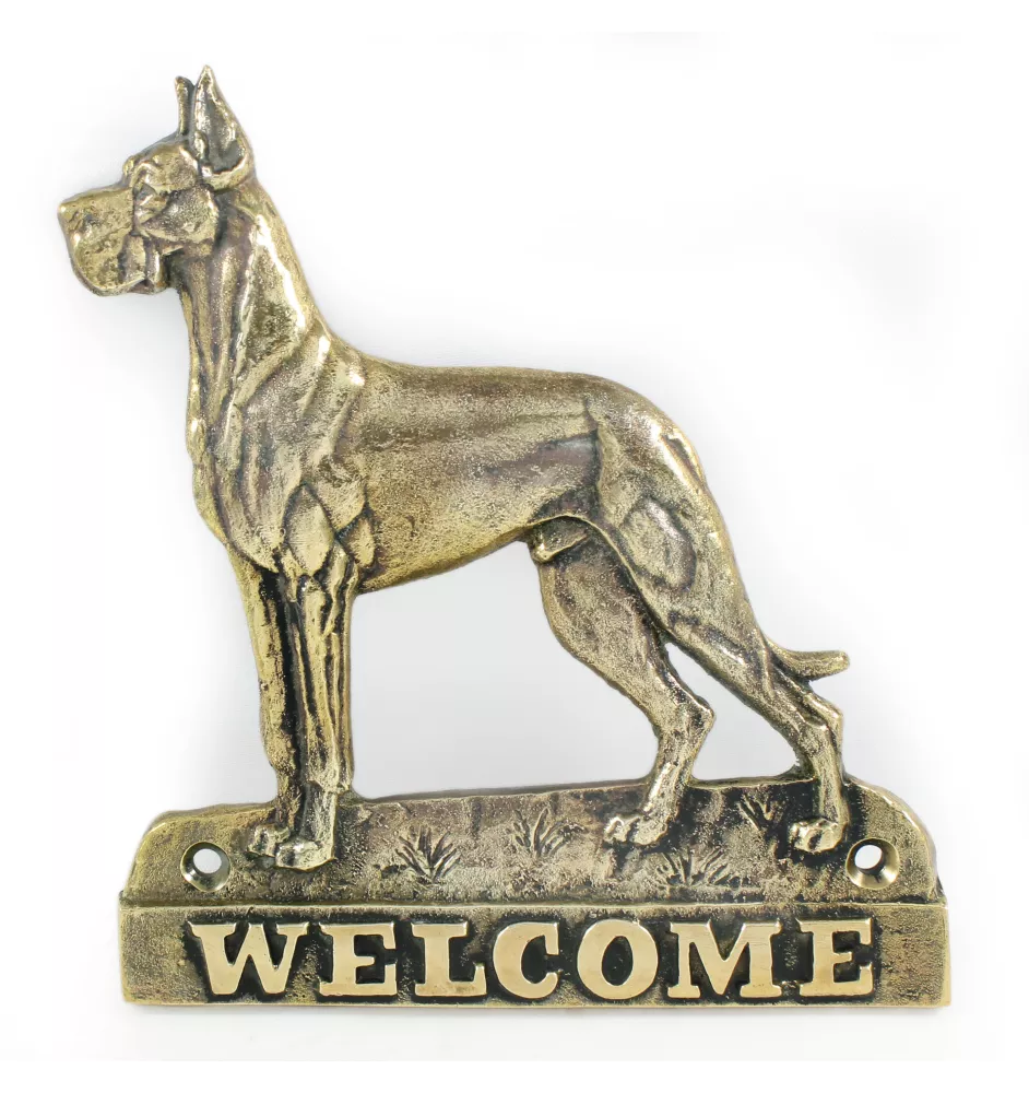 Great Dane I - a door sign with a dog, a brass welcome plaque, a unique sign with the inscription Welcome from the Art-Dog brand