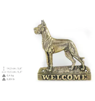 Dogue allemand, Grand danois I - une plaque de porte avec un chien, une plaque de bienvenue en laiton, une enseigne exceptionnelle avec l'inscription Welcome de la marque Art-Dog