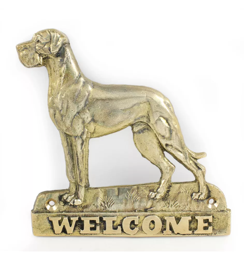 Great Dane II - a door sign with a dog, a brass welcome plaque, a unique sign with the inscription Welcome from the Art-Dog brand