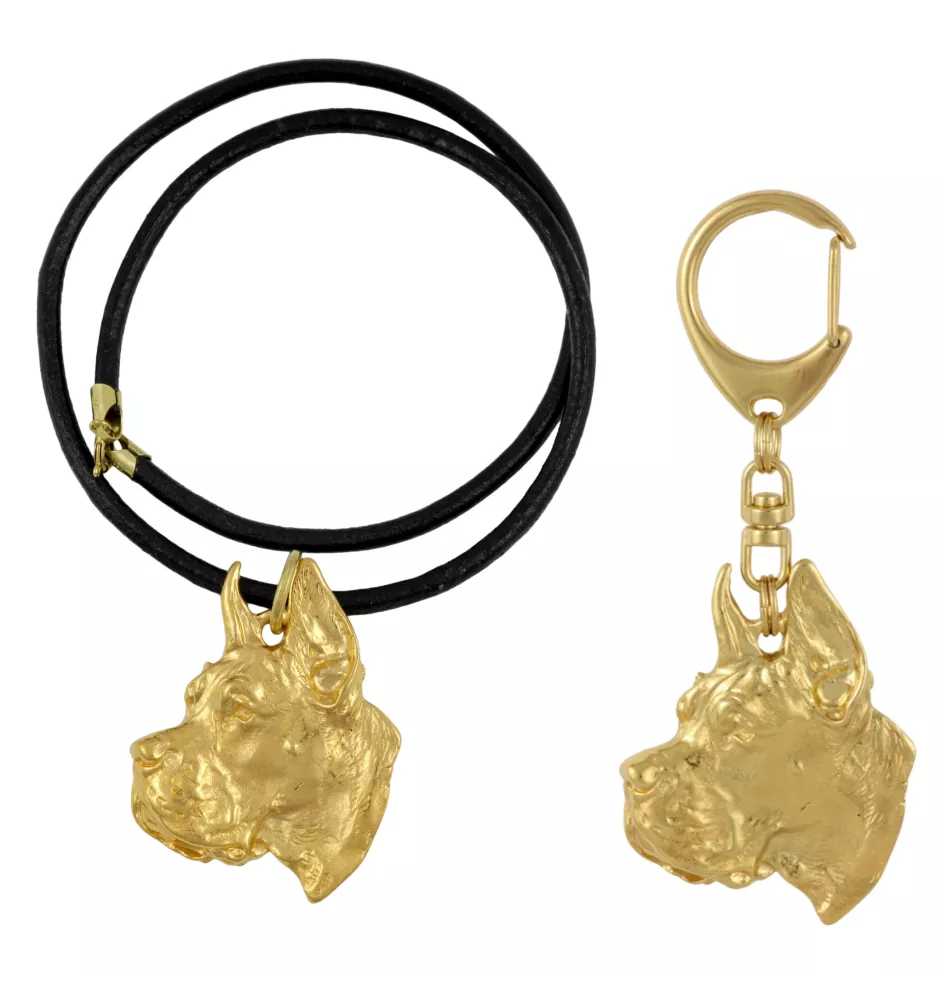 Dogue allemand, Grand danois I - porte-clés et collier avec chien dans une boîte, produit plaqué or de haute qualité, marque Art-Dog