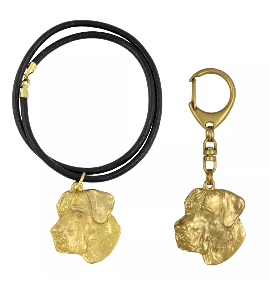 Dogue allemand, Grand danois - porte-clés et collier avec chien dans une boîte, produit plaqué or de haute qualité, marque Art-Dog