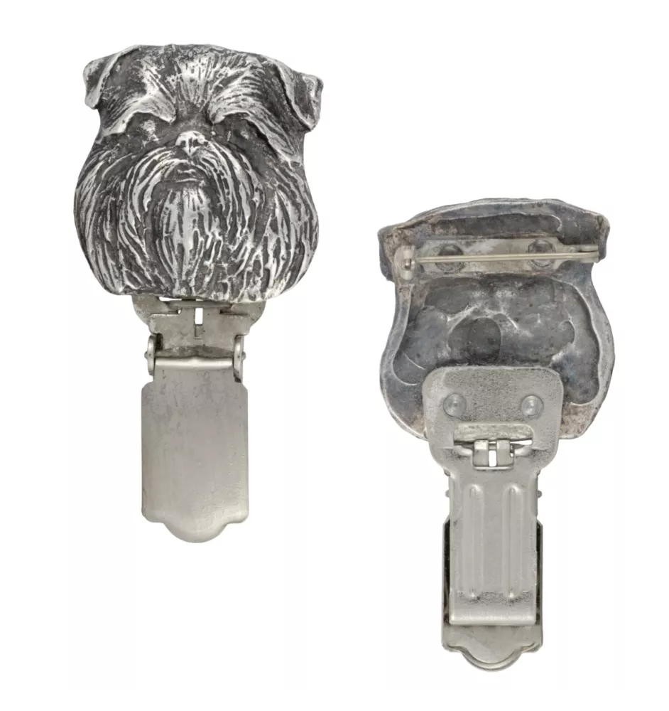 Griffon Bruxellois, Brussels Griffon - brooch with a clip, holder for a start number, silver-plated dog show pin from the Art-Dog brand