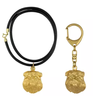 Griffon bruxellois - porte-clés et collier avec chien dans une boîte, produit plaqué or de haute qualité, marque Art-Dog