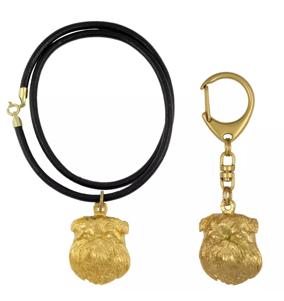 Griffon bruxellois - porte-clés et collier avec chien dans une boîte, produit plaqué or de haute qualité, marque Art-Dog