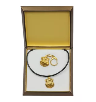 Griffon Bruxellois, Brussels Griffon - keychain and necklace with a dog in a box, high-quality gold-plated product, Art-Dog brand