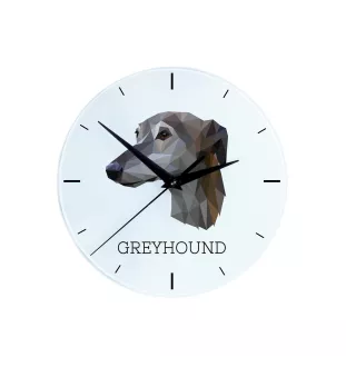 Greyhound, English Greyhound - geometric wall clock with a picture and the brand name Art-Dog